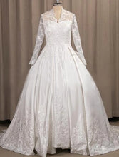 Engagement Formal Wedding Dresses A-Line Illusion Neck Long Sleeve Court Train Satin Bridal Gowns With Pleats Appliques