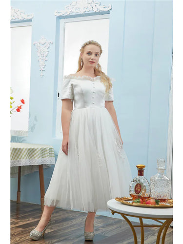 Ball Gown Cocktail Dresses Plus Size Dress Quinceanera Tea Length Short Sleeve Off Shoulder Tulle with Buttons