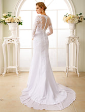 Engagement Open Back Formal Wedding Dresses Mermaid / Trumpet Illusion Neck Long Sleeve Court Train Chiffon Bridal Gowns With Sash / Ribbon Appliques