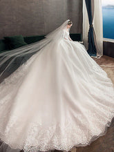 Engagement Formal Wedding Dresses Cathedral Train Ball Gown Long Sleeve Illusion Neck Lace With Pleats Appliques