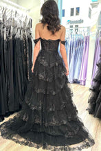 Yaiiua | Black Off the Shoulder Lace Appliques Tiered Prom Dress with Slit