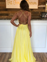 Yellow A Line Backless Sequins Chiffon Long Formal Prom Dresses