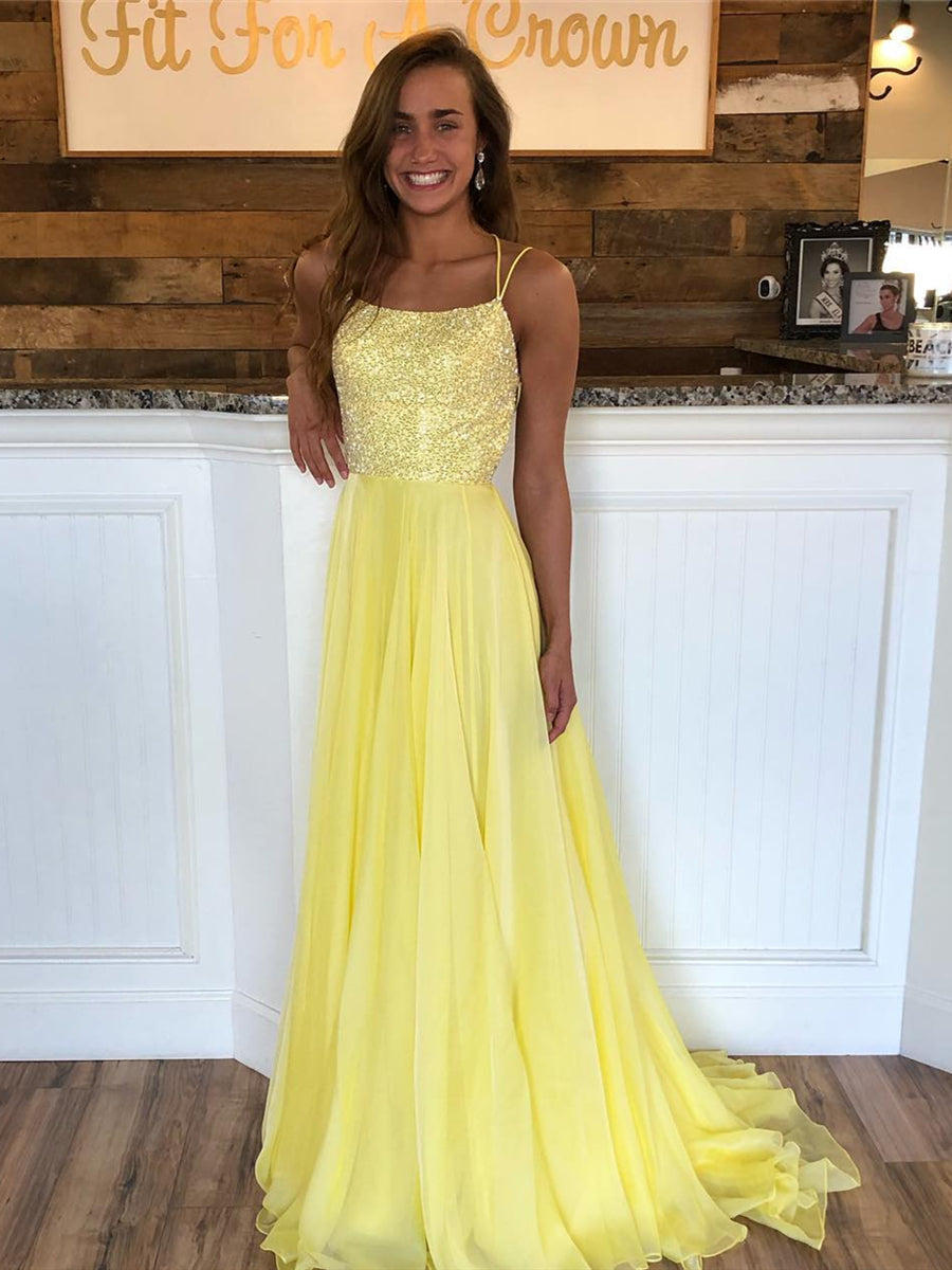 Yellow A Line Backless Sequins Chiffon Long Formal Prom Dresses