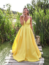 Yellow A Line V Neck Backless Satin Long Formal Prom Dresses