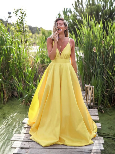 Yellow A Line V Neck Backless Satin Long Formal Prom Dresses