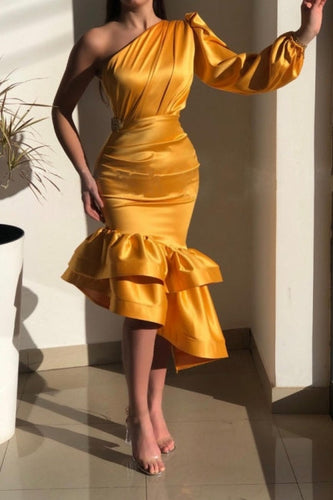 Yellow Gorgeous One Shoulder Mermaid Prom Dresses with Ruffle