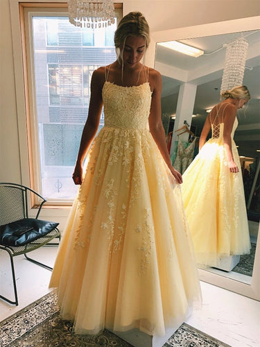 Yellow Long A-line Scoop Neck Backeless Tulle Lace Formal Prom Dresses