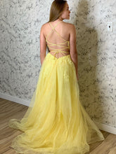 Yellow Long A-line Tulle Lace Open Back Formal Prom Dresses