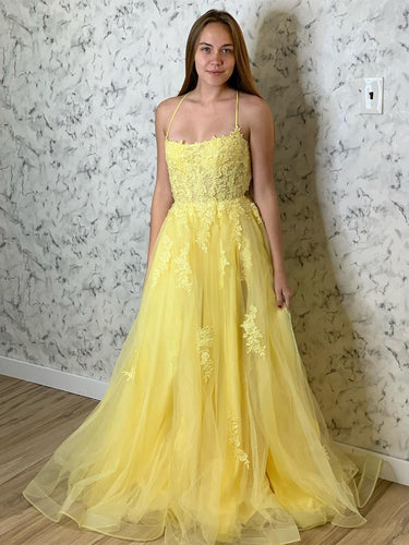 Yellow Long A-line Tulle Lace Open Back Formal Prom Dresses