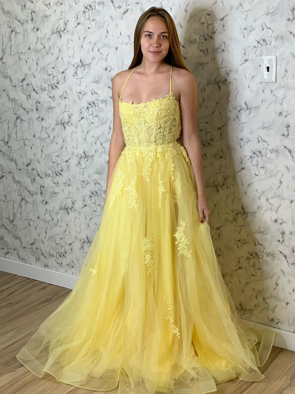 Yellow Long A-line Tulle Lace Open Back Formal Prom Dresses