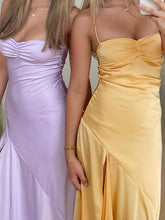 Yellow A Line Spaghetti Straps Silk Long Prom Dress with Slit