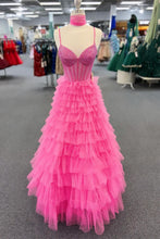 Yetta | Tulle A-Line Spaghetti Strap Beaded Long Tiered Prom Dress