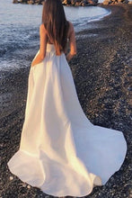 A-line V Neck Open Back Long Formal Long Prom Dress Wedding Dresses with High Slit