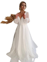 Reception Casual Wedding Dresses A-Line V Neck Long Sleeve Floor Length Tulle Bridal Gowns With Solid Color