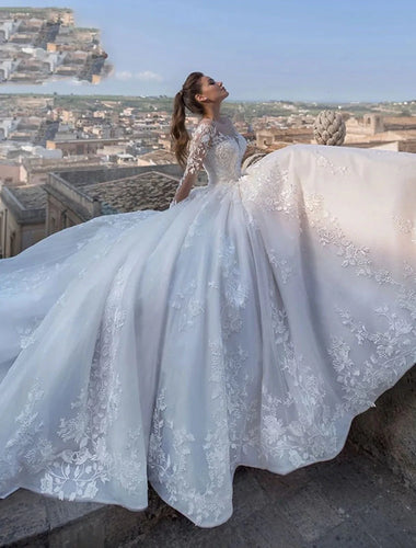 Engagement Sexy Formal Wedding Dresses Ball Gown V Neck Long Sleeve Chapel Train Lace Bridal Gowns With Appliques