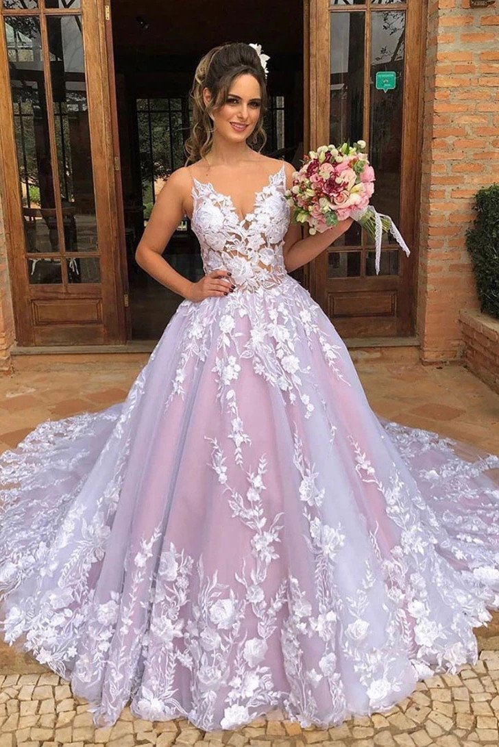 A-line Sleeveless V Neck Tulle Appliques Pink Long Prom Wedding Gown JKM311|Annapromdress