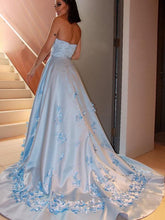 Simple A-Line Strapless Floral Appliques Satin Long Prom Dresses GJS374
