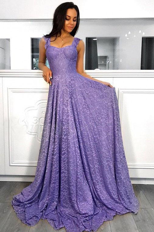 A-Line Straps Sleeveless Sweep Train Lavender Lace Prom Dress JKN4103|Annapromdress