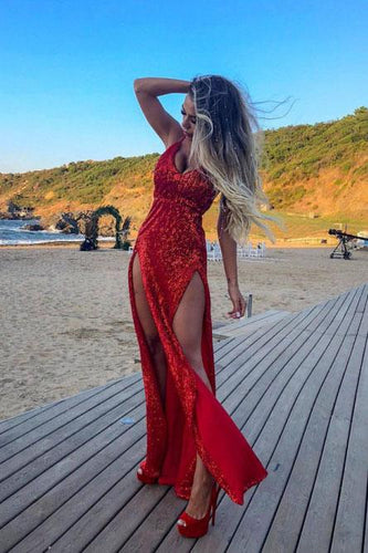 Sheath Spaghetti Straps Backless Red Sequined Prom Dress with Split JKQ5212|Annapromdress