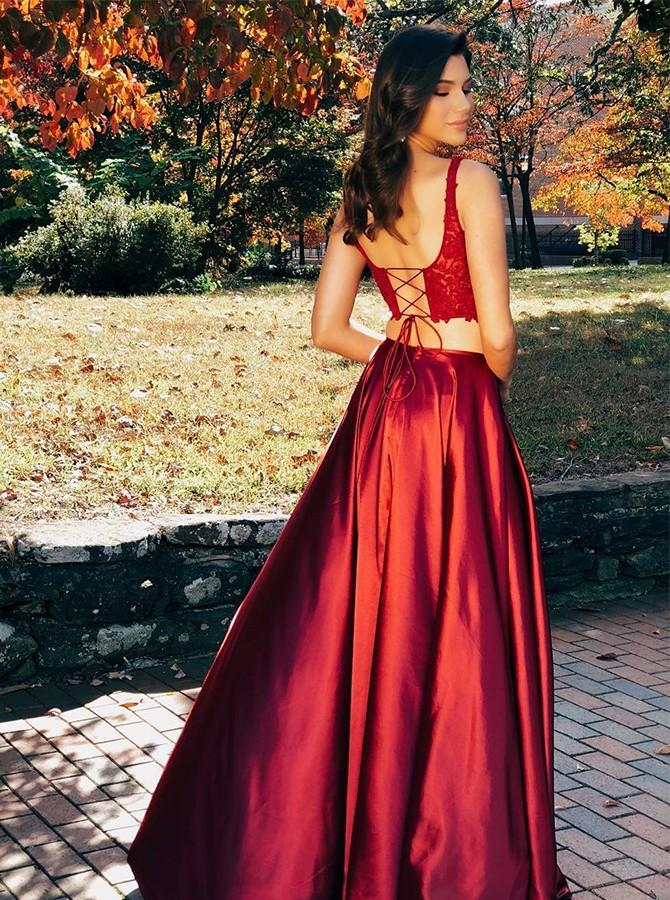 Two Pieces Scoop Sleeveless Burgundy Split Criss Cross Back Prom Dress Anna PromDress Two Pieces Scoop Sleeveless Burgundy Split Criss Cross Back Prom Dress Anna PromDress