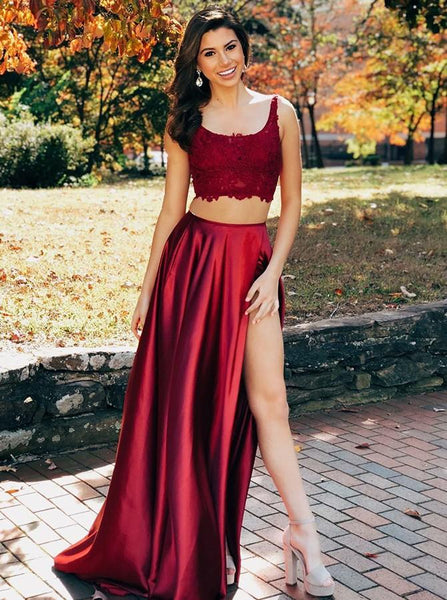 Two Pieces Scoop Sleeveless Burgundy Split Criss Cross Back Prom Dresses, JKZ7113|Annapromdress