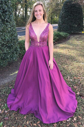 A-Line V-Neck Sweep Train Fuchsia Prom Dress with Beading Pockets JKQ5215|annapromdress