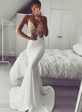 Charming Lace Sexy Backless Mermaid White  Prom Evening Dresses GJS135