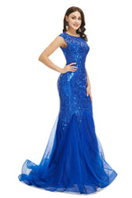 Blue Scoop Sequins Long Prom Formal Dress GJS716