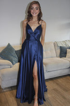 Blue V neck A line Split Front  Long Prom Evening Dress GJS336