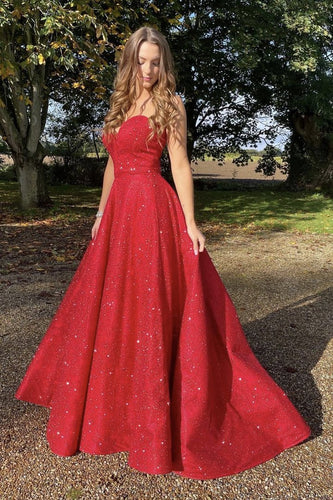 Red Sequins Satin A line Long Prom Floor-length Evening Gown Dress GJS355