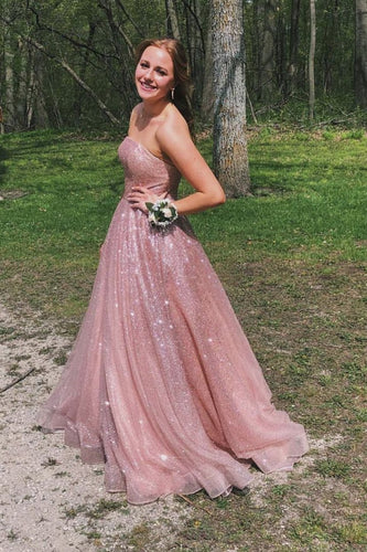 Pink Tulle Sequins Strapless Long Prom Gown Evening Dress GJS210