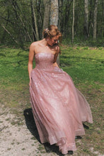 Pink Tulle Sequins Strapless Long Prom Gown Evening Dress GJS210