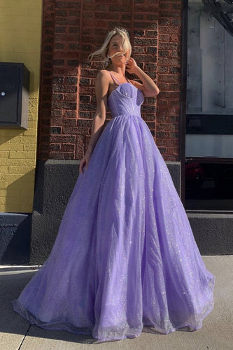 Purple Tulle A line Spaghetti Strap Long Prom Evening Dress GJS340