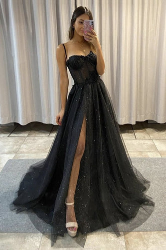 Black Tulle Lace Spaghetti Strap Long Prom Evening Dress  GJS359