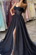Black Tulle Lace Spaghetti Strap Long Prom Evening Dress  GJS359