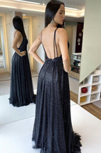Black V neck Tulle A line Backless Long Prom Evening Dress GJS334