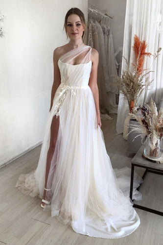 Stylish White  A line Tulle One-shoulder Long Prom Evening Dress GJS333