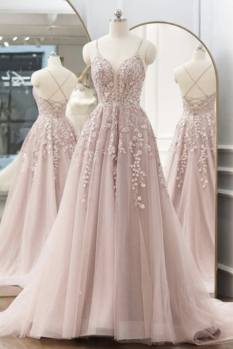 Pink  A line Tulle V Neck Lace Long Prom  Evening  Dress GJS259