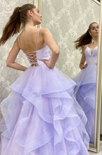 Purple Tulle A line V neck Long  Prom Evening dress with sleeveless GJS132