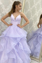 Purple Tulle A line V neck Long  Prom Evening dress with sleeveless GJS132