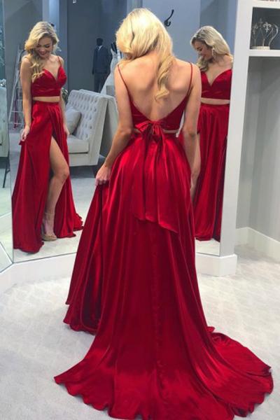 Two Piece Spaghetti Straps Backless Sweep Train Red Prom Dress with Sp Anna PromDress