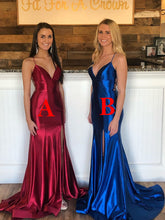 Royal Blue Satin V-Neck Spaghetti Straps Mermaid Prom Dress with Slit JKS8427|Annapromdress