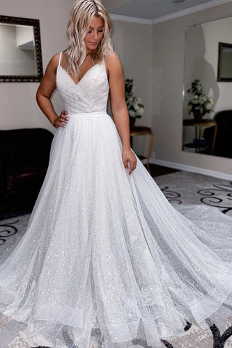 White Tulle Sequins V Neck Long Prom Gown Evening  Dress GJS209