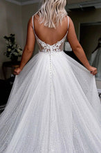 White Tulle Sequins V Neck Long Prom Gown Evening  Dress GJS209