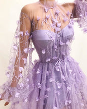 Sexy Tulle High Neck Front Slit Appliques Flowers Long Sleeves Prom Dress GJS312