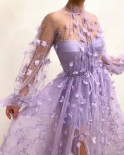 Sexy Tulle High Neck Front Slit Appliques Flowers Long Sleeves Prom Dress GJS312