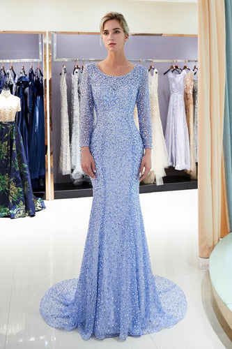 Train Mermaid Long Sleeves Sequins Chiffon Beaded Prom Dresses GJS146