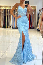 Chic Sleeveless V Neck Blue Aplliques Front-Split Mermaiad Prom Dresses  GJS184