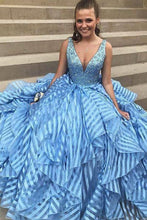 Sky Blue Beading Unique Organza Ball Gown Sleeveless Prom Dresses GJS220