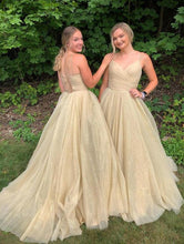 Yellow A line Lace up V Neck Long Prom Dresses,Formal Dresses GJS267